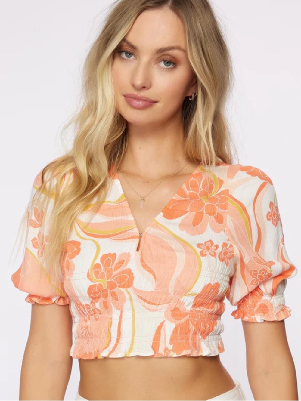 O’Neill Naomi Floral‎ Smocked Cropped Blouse Peach Puff Sleeve Tropical Size S
